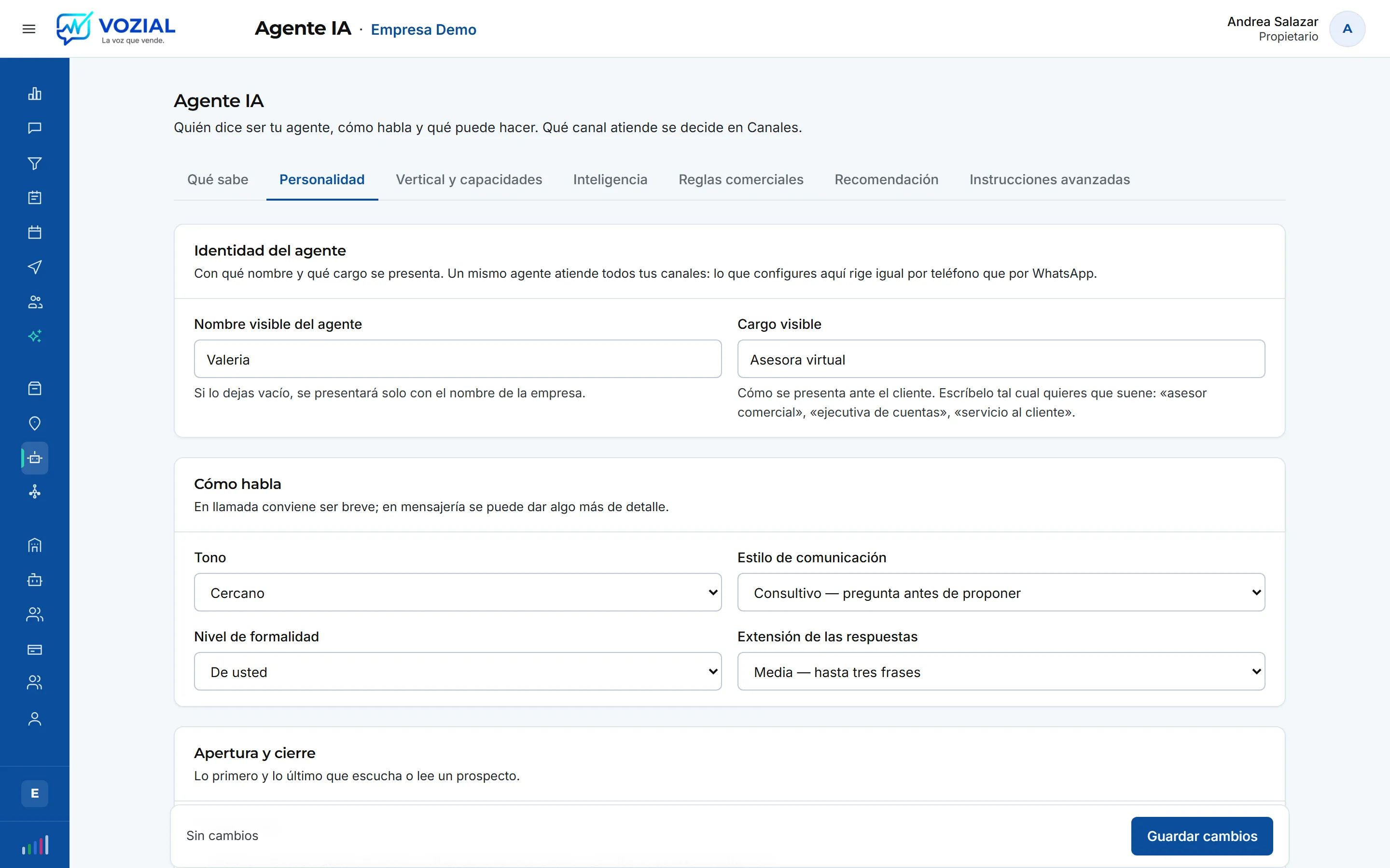 Pantalla de AGENTE IA de VOZIAL con datos de prueba