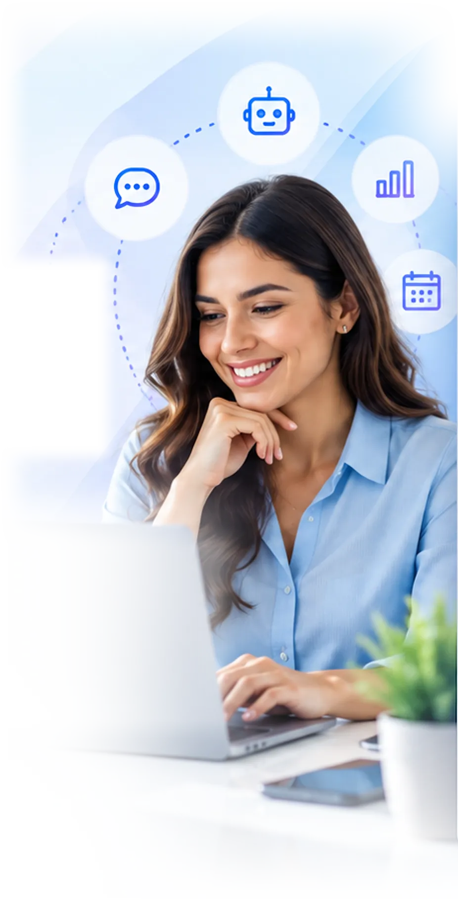 Mujer sonriendo frente a su laptop, rodeada de íconos de conversación, AGENTE IA, métricas y agenda