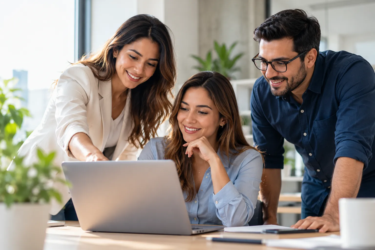 Equipo comercial revisando juntos una computadora portátil en la oficina