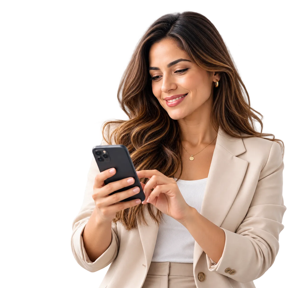 Mujer sonriendo mientras revisa su celular